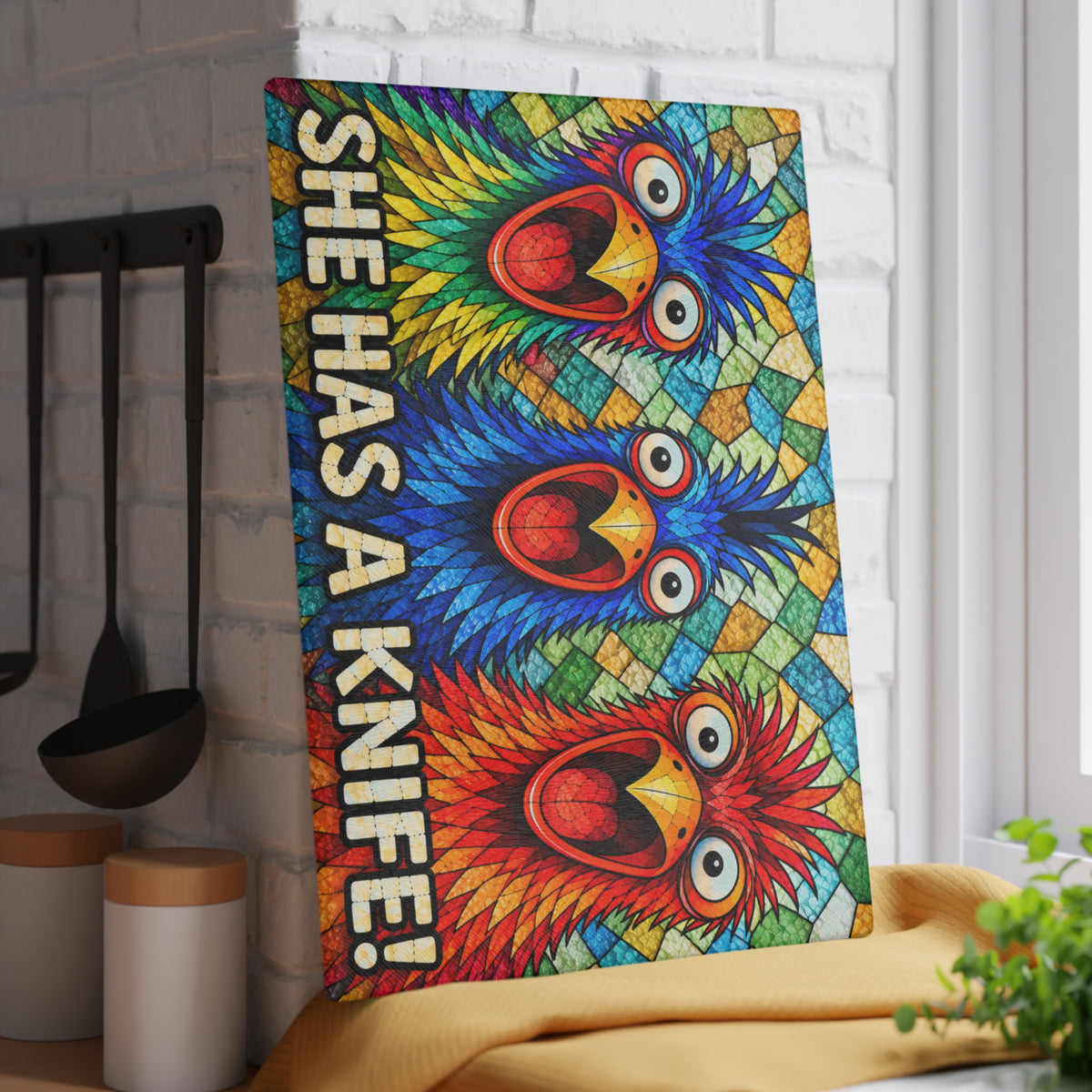 Funny Colorful Bird Glass Cutting Board – She Has a Knife Kitchen Humor