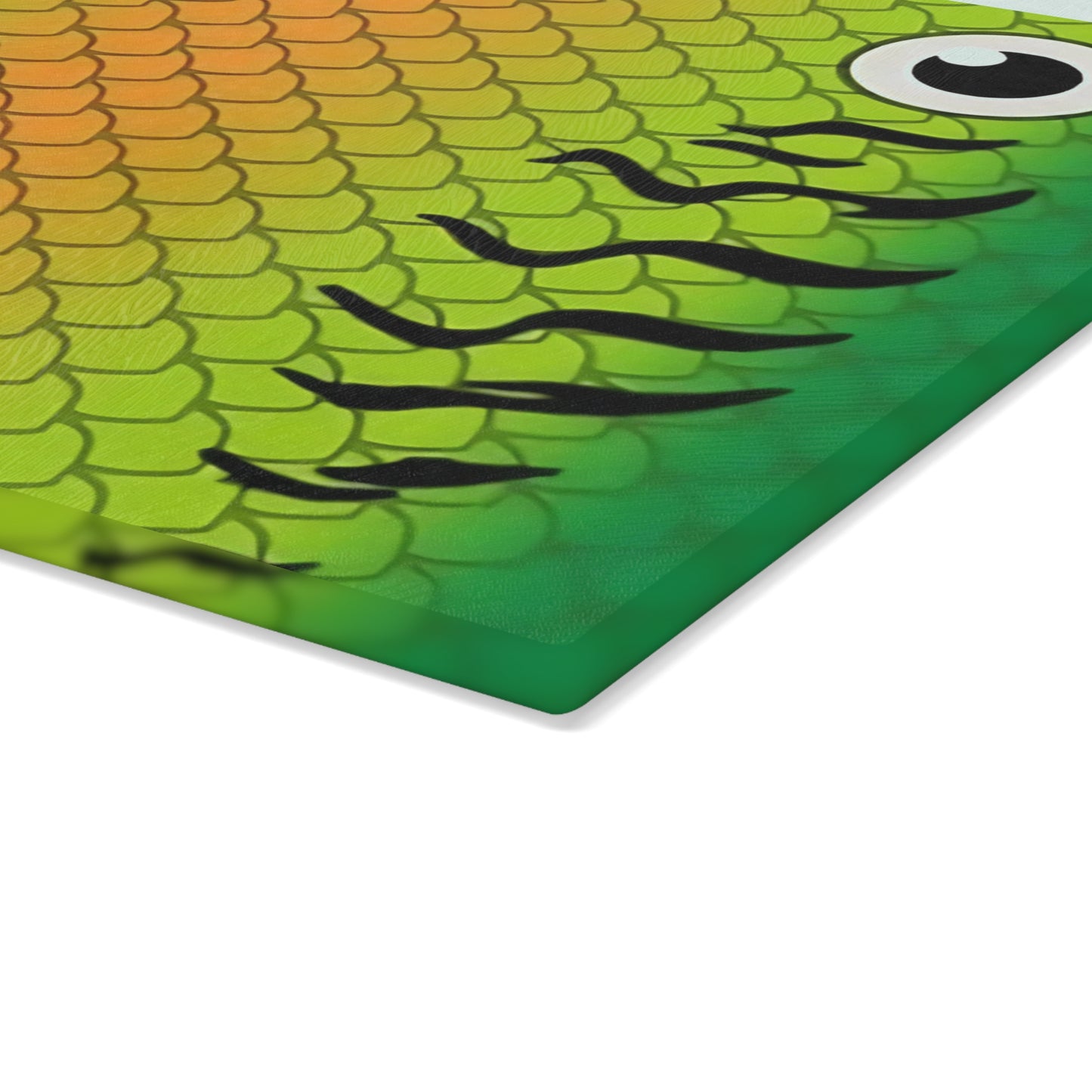 Green & Gold Fish Face Glass Cutting Board – Bold Coastal Artwork with Playful Scales