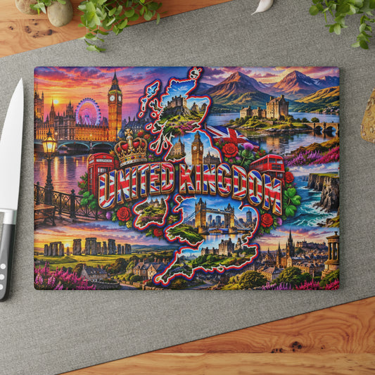 United Kingdom Map Cutting Board – Big Ben, London Landmarks, Scottish Castles, Union Jack & British Kitchen Décor