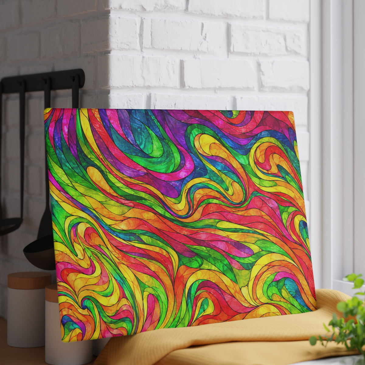 Colorful Psychedelic Swirl Glass Cutting Board – Bright Rainbow Abstract Kitchen Decor