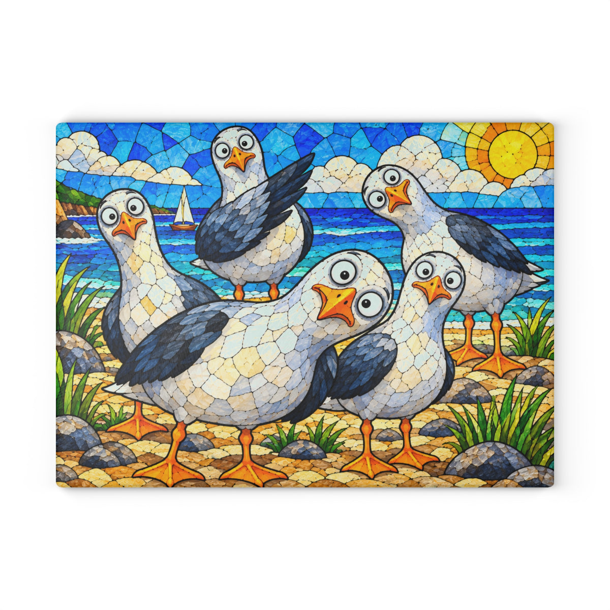Funny Seagulls Stained-Glass-Inspired Glass Cutting Board – Coastal Beach Kitchen Decor