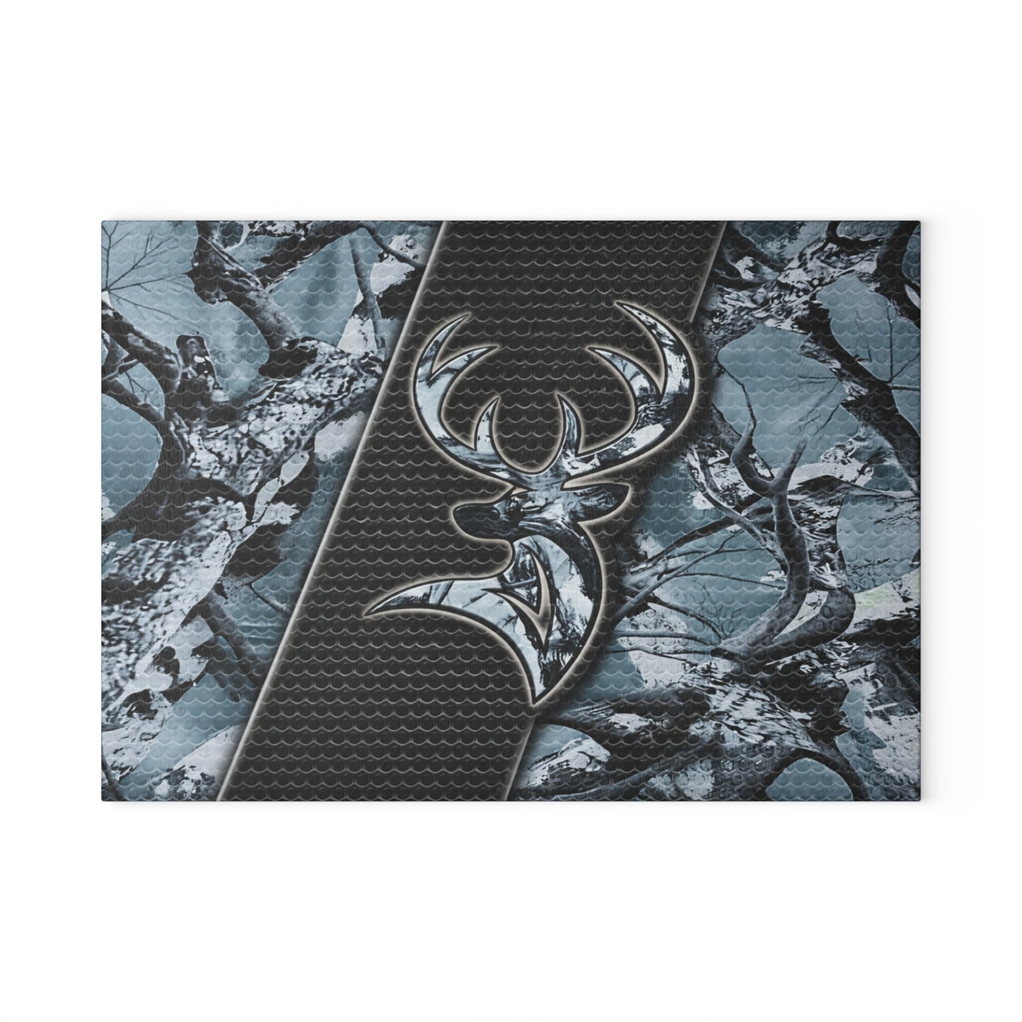 Camo Deer Buck Glass Cutting Board – Rustic Hunting Lodge Kitchen Art