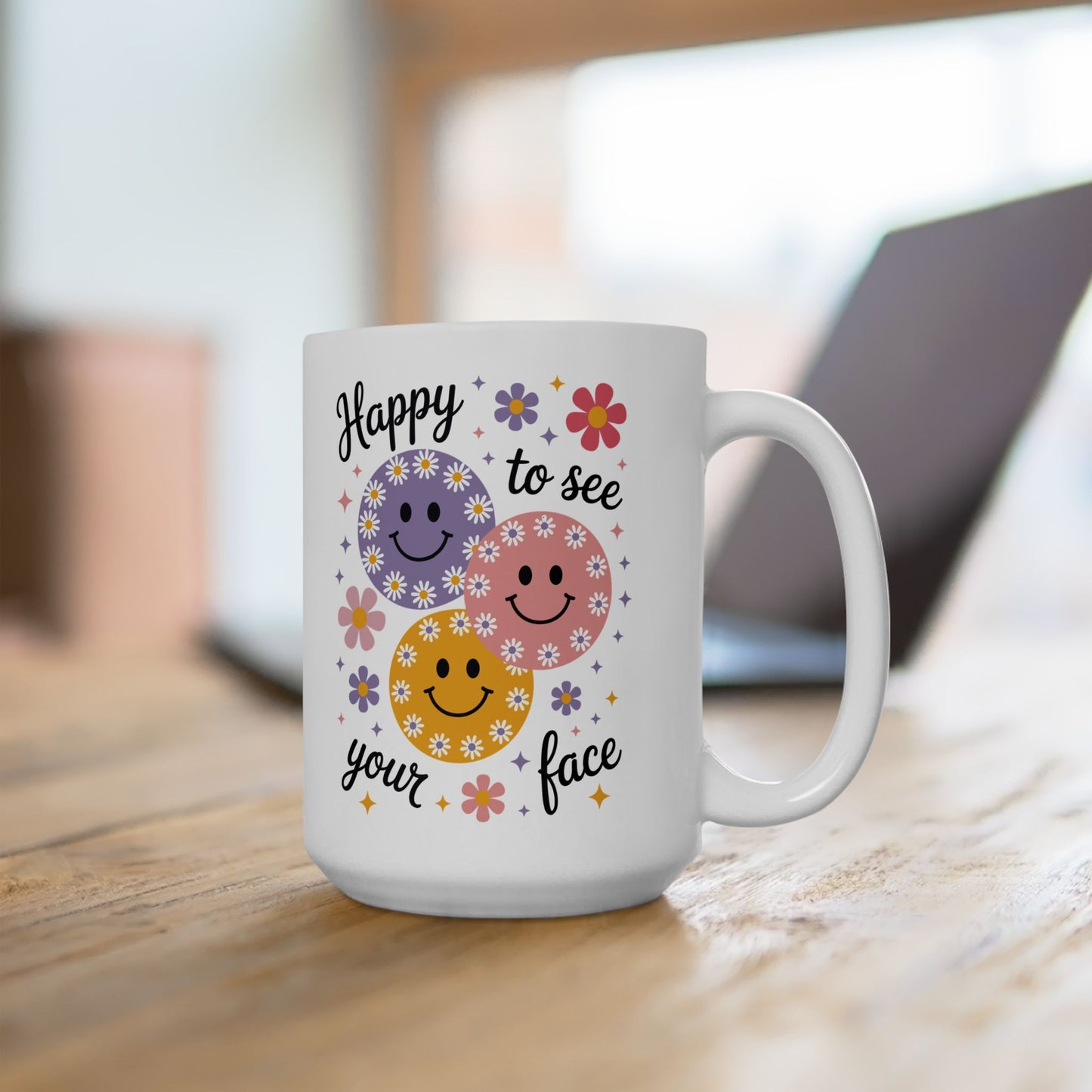 🌸😊 Happy to See Your Face Mug – Retro Smiley Flower Coffee Cup ☕🌼