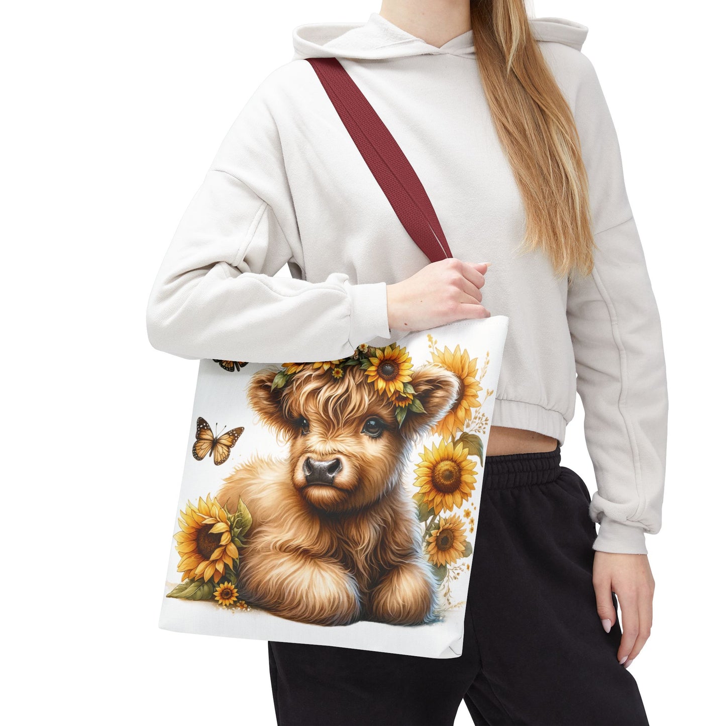 🌻 Sunflower Crown Highland Calf Tote Bag – Country Charm & Butterfly Bliss 🐮👜