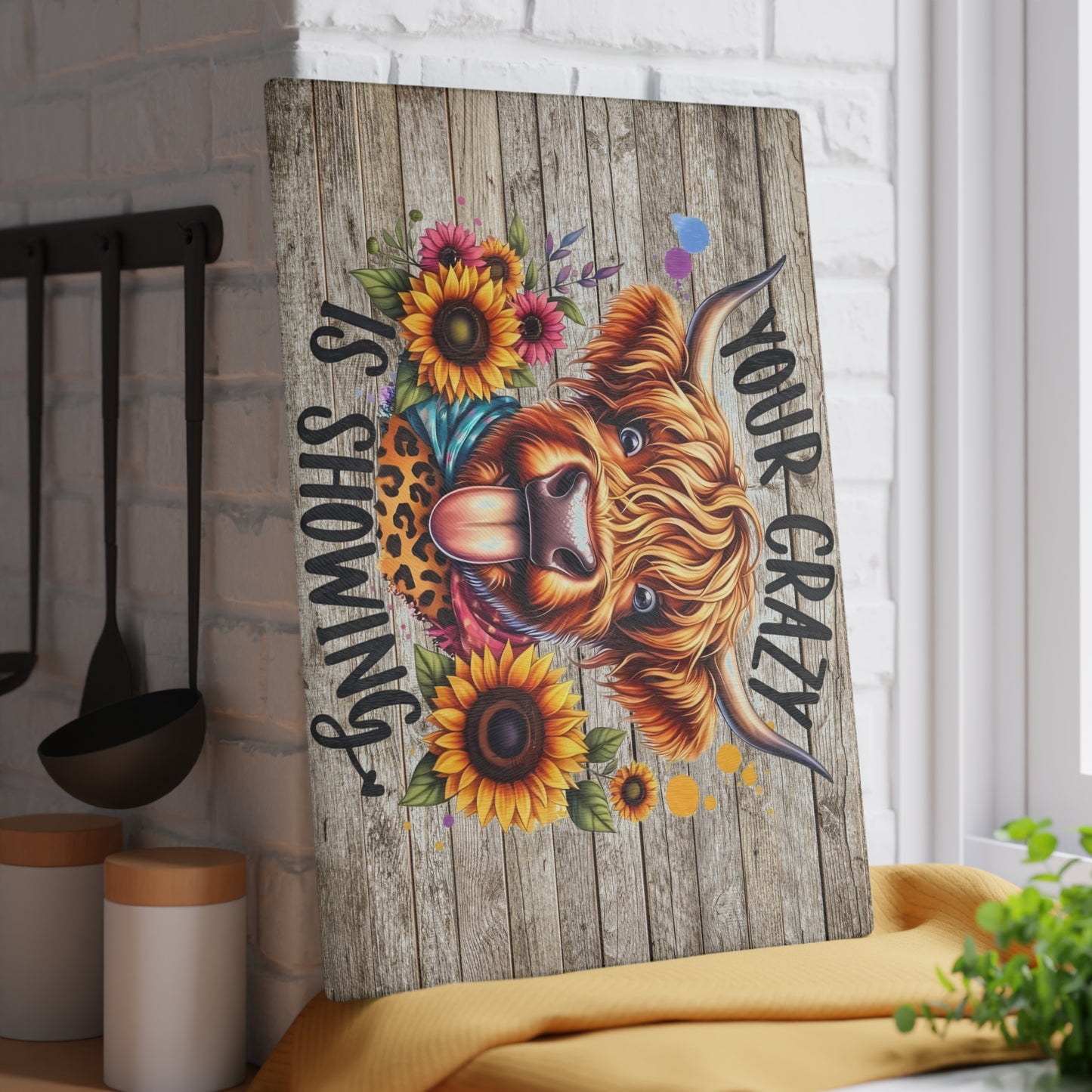🐮🌻 Your Crazy Is Showing – Highland Cow Glass Cutting Board for Fun & Colorful Kitchens 🎨