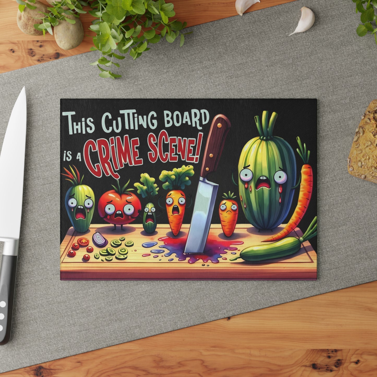 Tabla de cortar de vidrio para escena del crimen en la cocina: ¡Vegetales gritones y estilo asesino!