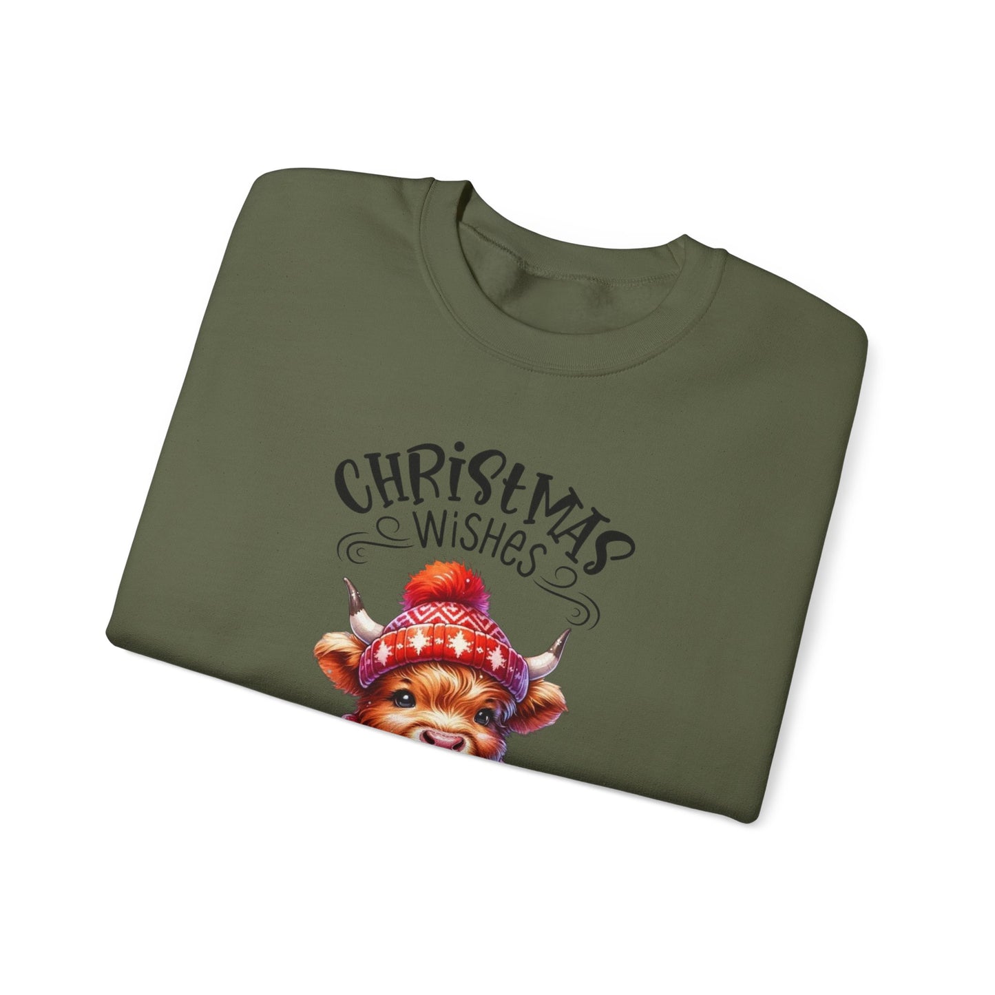 🎄☕🐮 Christmas Wishes and Cocoa Kisses Sweatshirt – Cozy Highland Cow Holiday Sweater ❄️❤️
