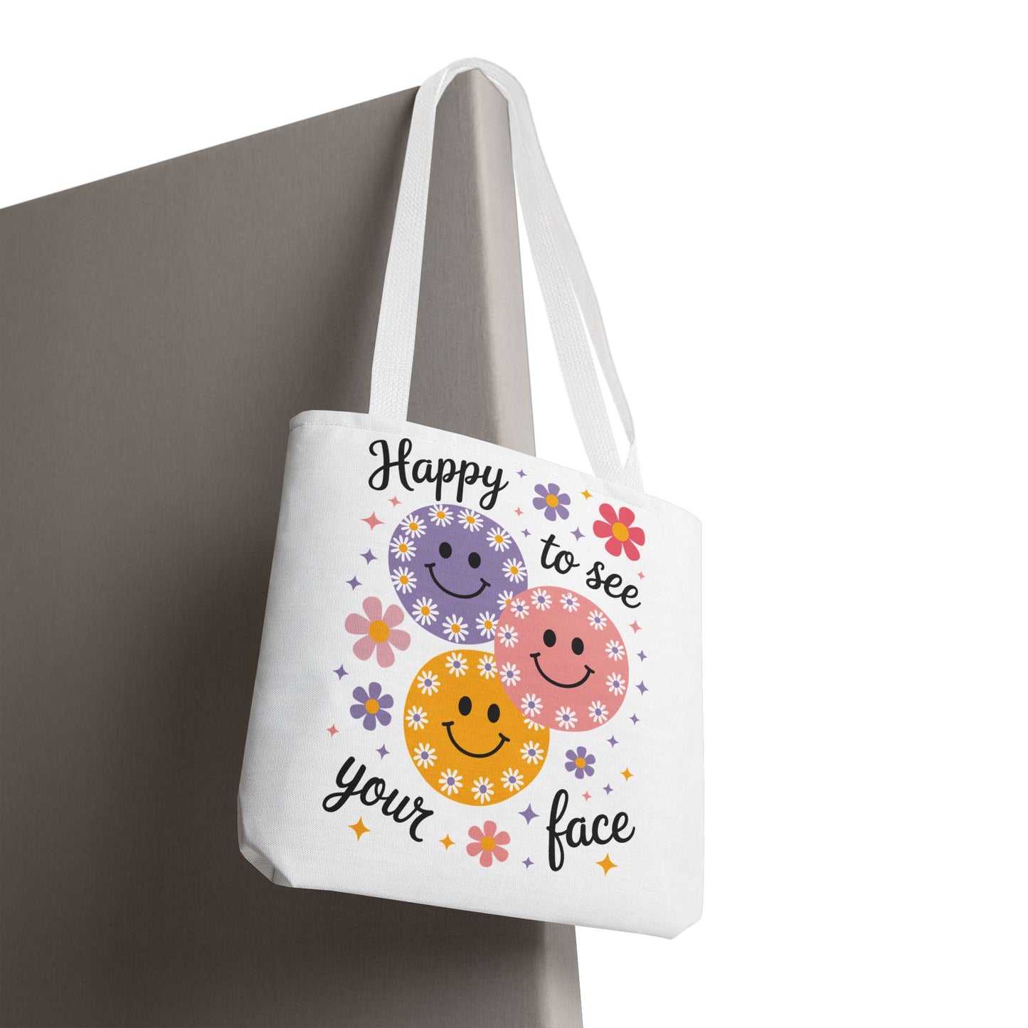 🌼 Happy Face Daisy Tote Bag – Retro Smiles with Floral Charm 🌸