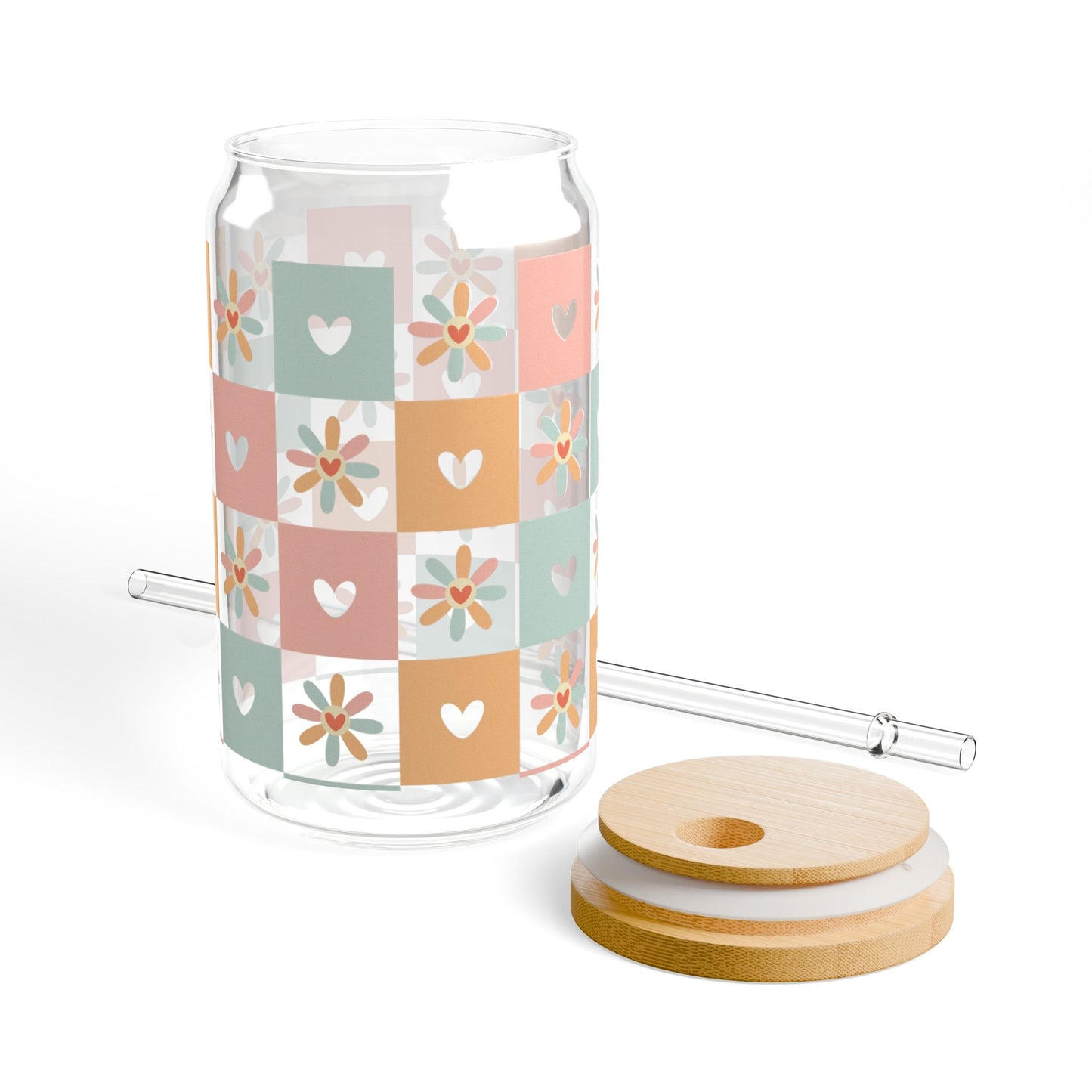 🧡🌼 Pastel Hearts & Flowers Sipper Glass – Retro Charm for Every Sip 💗✨