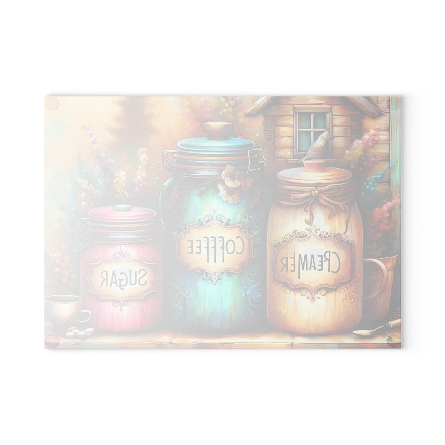 Farmhouse Canister Glass Cutting Board – Coffee, Sugar & Creamer Display