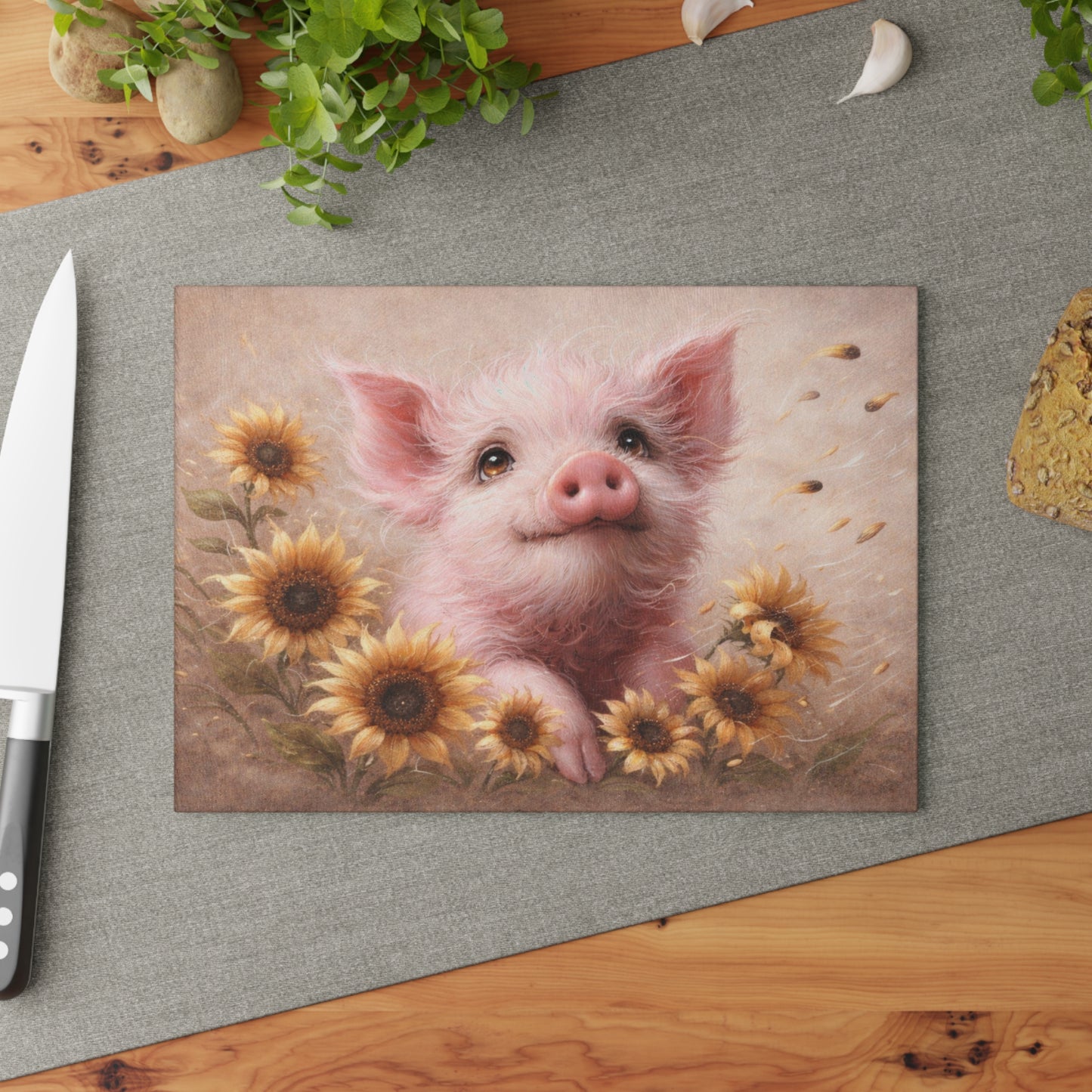 Sunflower Pig Glass Cutting Board – Cozy Farmhouse Kitchen Decor