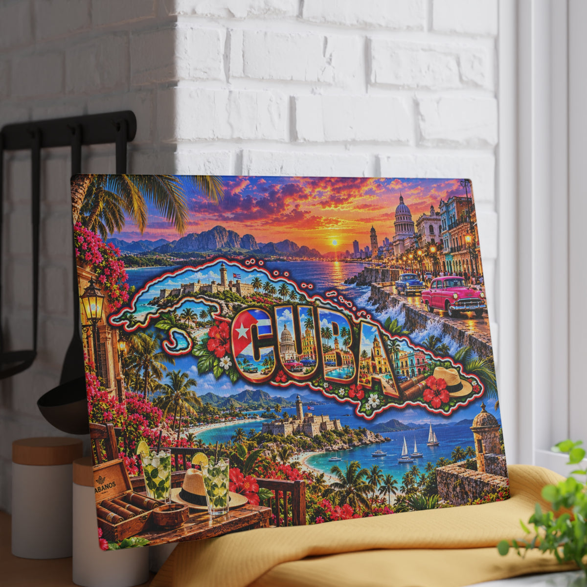 Cuba Map Cutting Board – Colorful Havana Landmarks, Classic Cars, Tropical Beaches, Cuban Flag & Caribbean Kitchen Décor