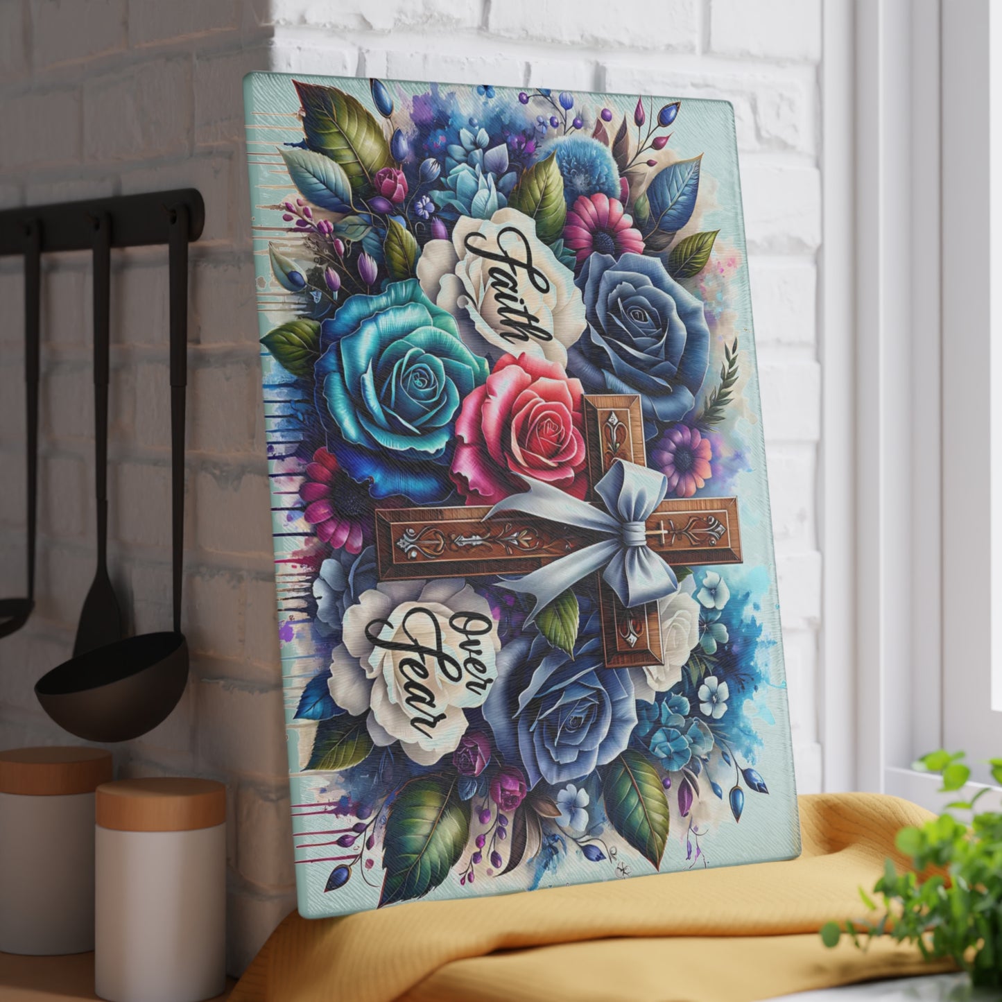 ✝️ Faith Over Fear Floral Cross Cutting Board – Christian Kitchen Inspiration with Roses & Watercolor Style
