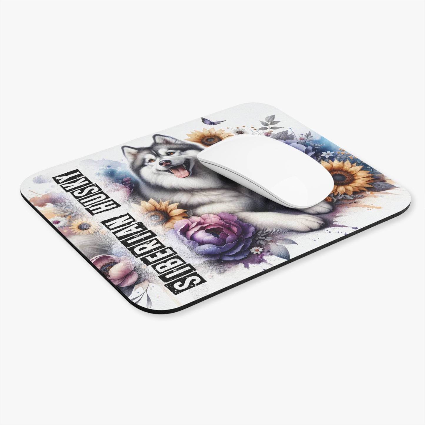 🖱️❄️🌼 Siberian Husky Mouse Pad – Fluffy Husky with Sunflowers & Cool Florals