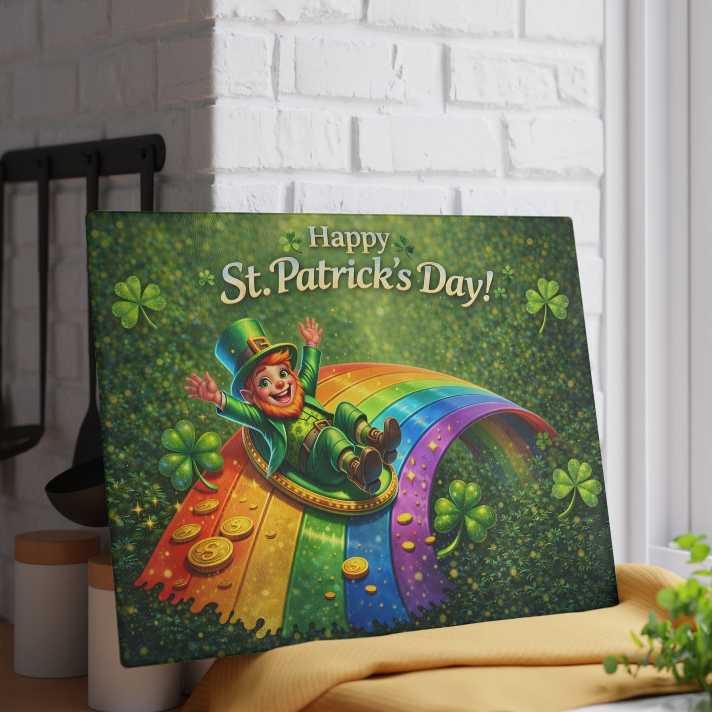 St. Patrick’s Day Leprechaun Rainbow Glass Cutting Board – Whimsical Irish-Inspired Kitchen Decor