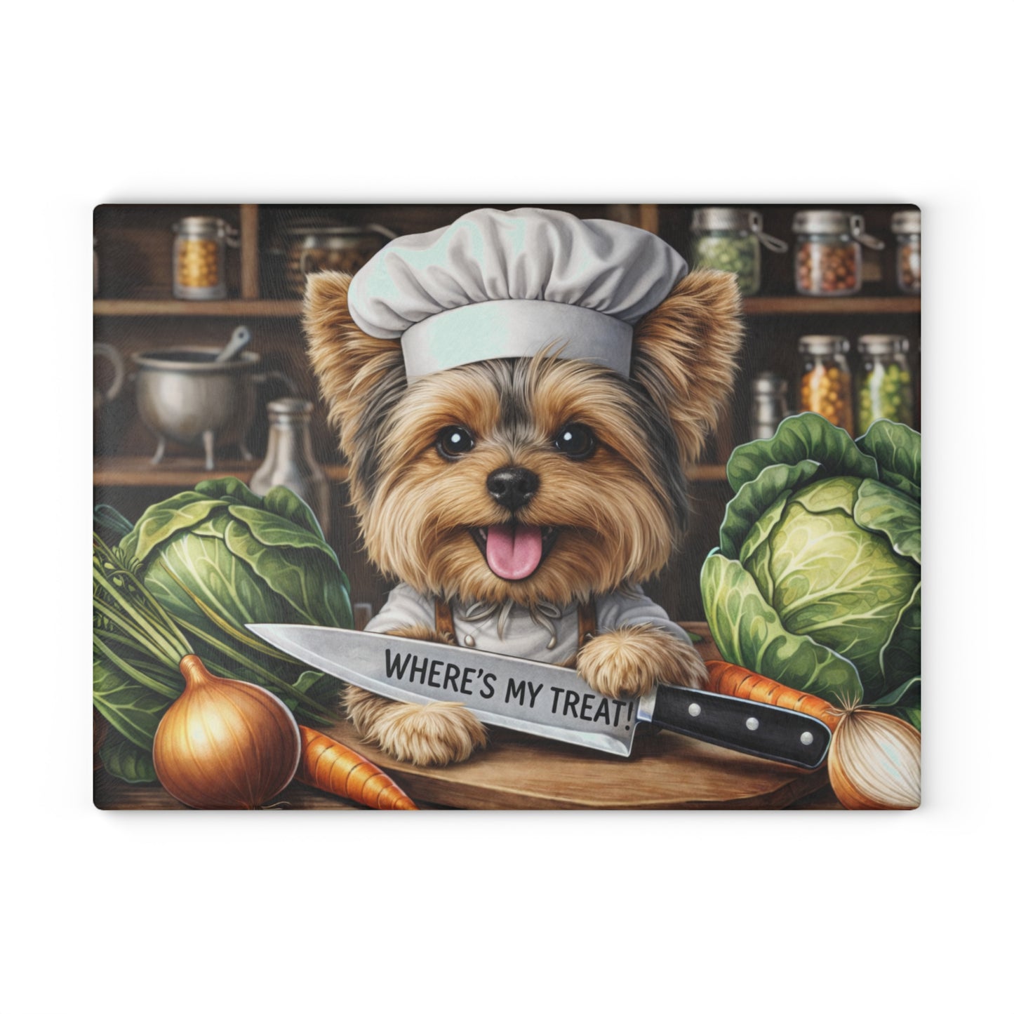 Yorkshire Terrier Chef Glass Cutting Board – “Where’s My Treat!” Playful Kitchen Art