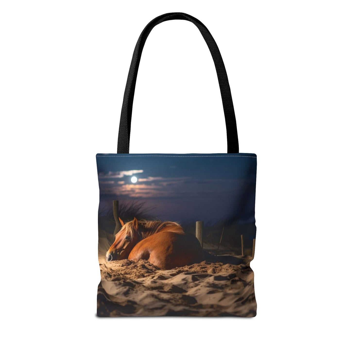 Bolsa de tela "Caballo durmiendo en la playa bajo la luz de la luna": una escapada serena a cada paso