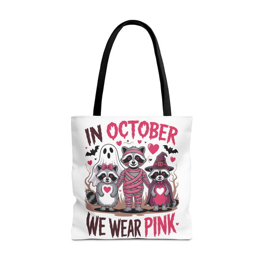 🎀 In October We Wear Pink Raccoon Halloween Tote Bag – Spooky Cute Awareness Style 🦝👜