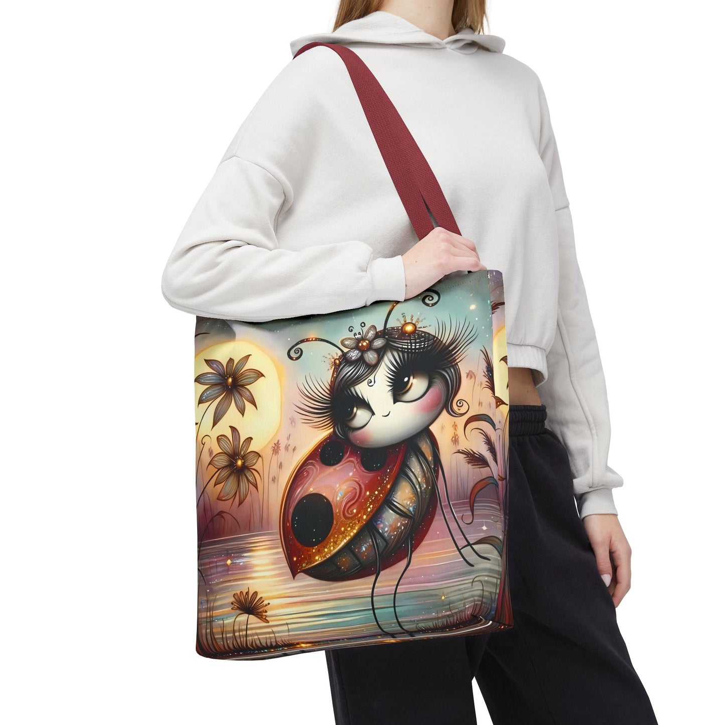 🐞 Mariquita sobre una flor junto al lago – Bolsa de tela inspirada en la naturaleza