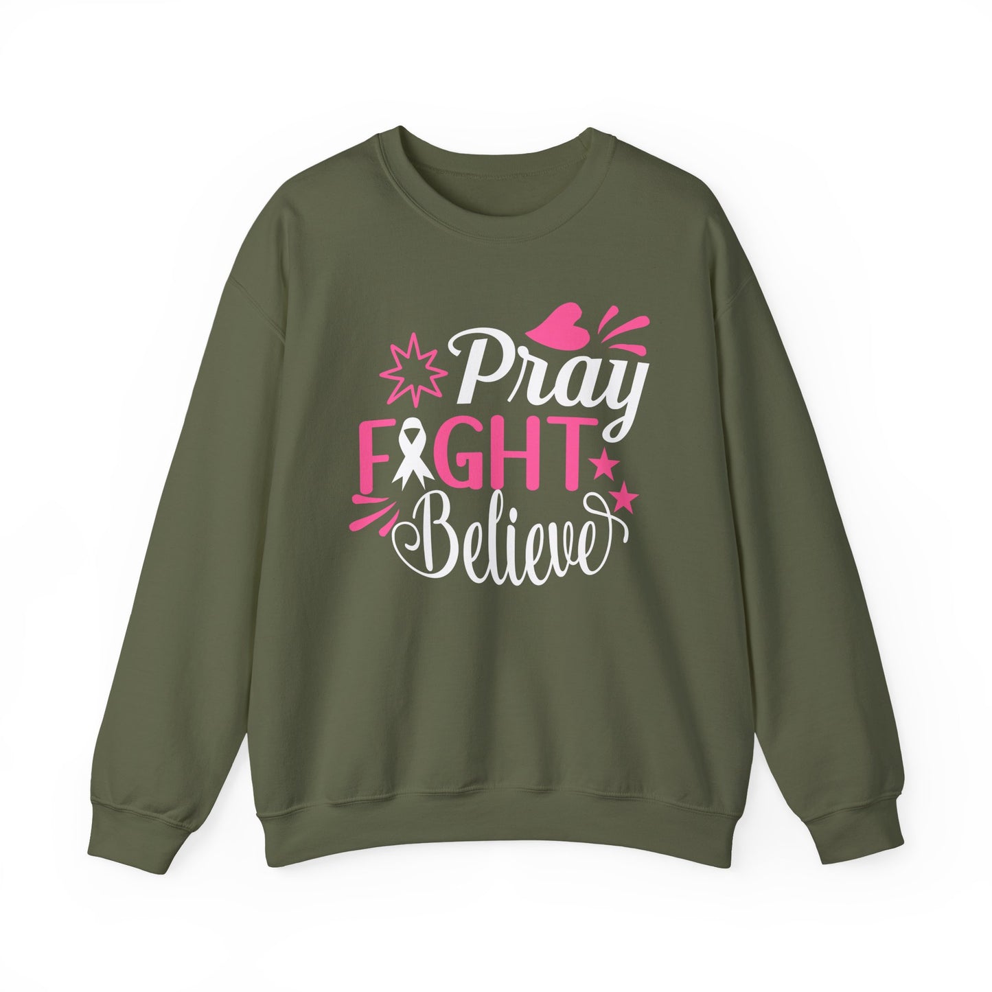 🙏🎀 Pray Fight Believe Sweatshirt – Breast Cancer Awareness & Faith Crewneck