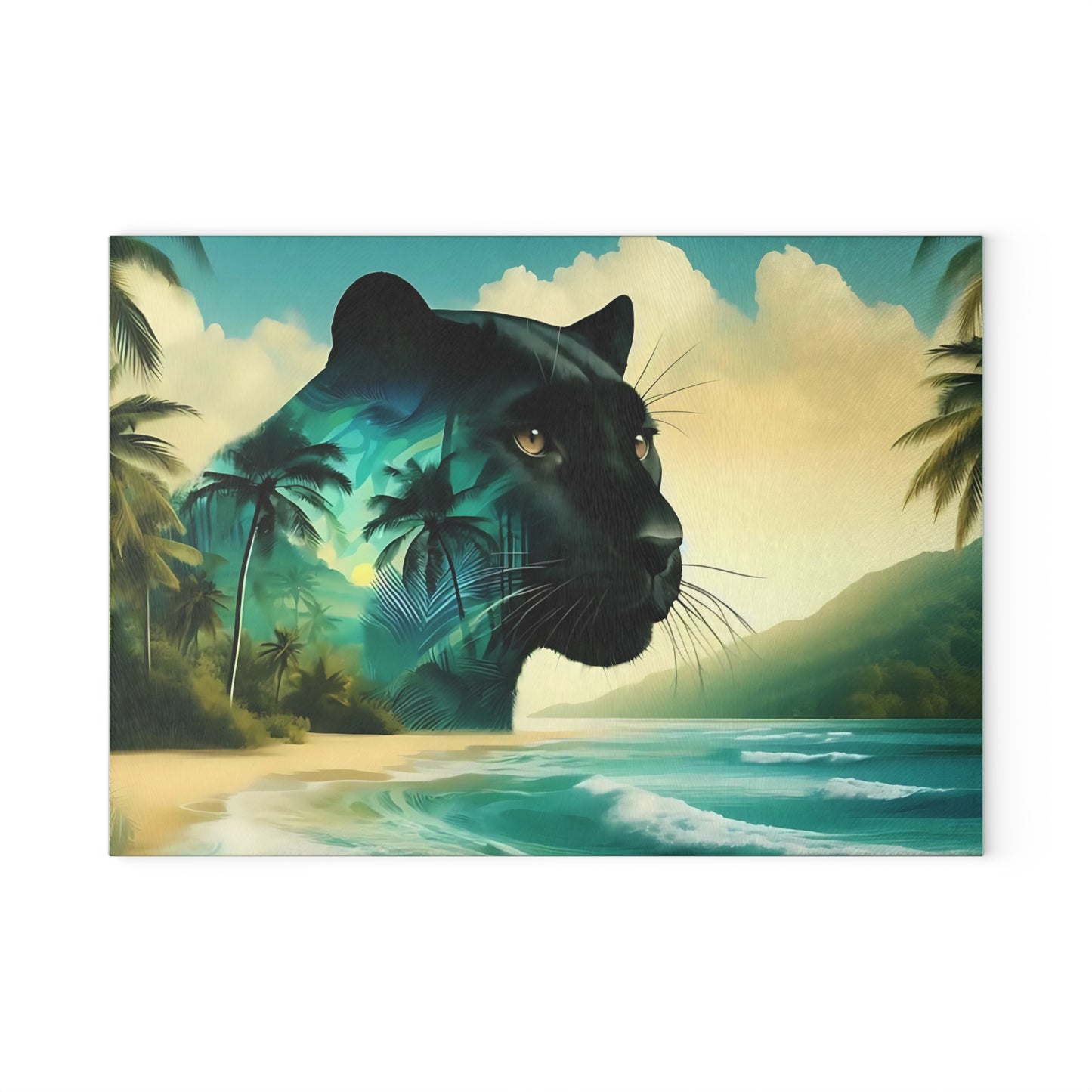 Tabla de cortar de vidrio con diseño de Pantera Negra y puesta de sol en la playa: decoración de cocina con un gato de la jungla místico