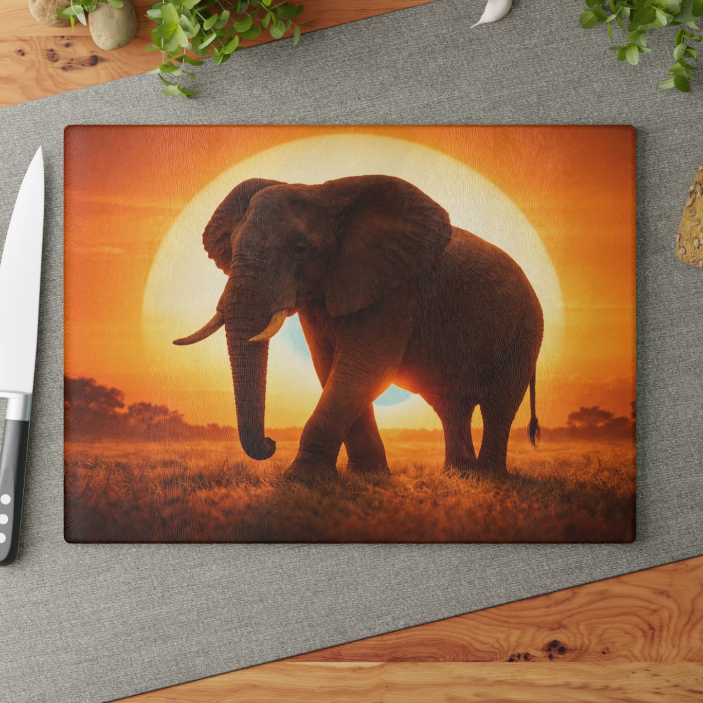 Golden Sunset Elephant Glass Cutting Board – Majestic Safari Wildlife Kitchen Art