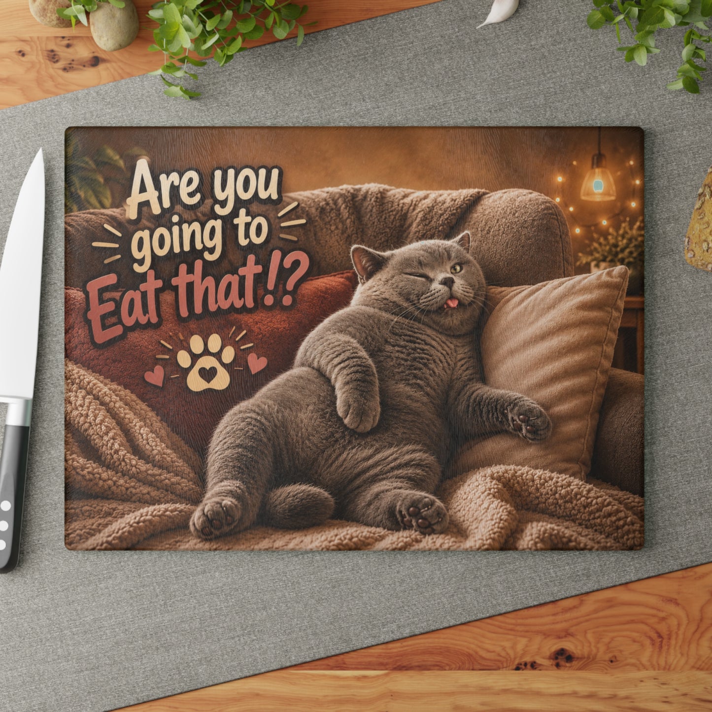 Are You Going to Eat That!? Funny Cat Glass Cutting Board – Cozy Lazy Cat Kitchen Decor