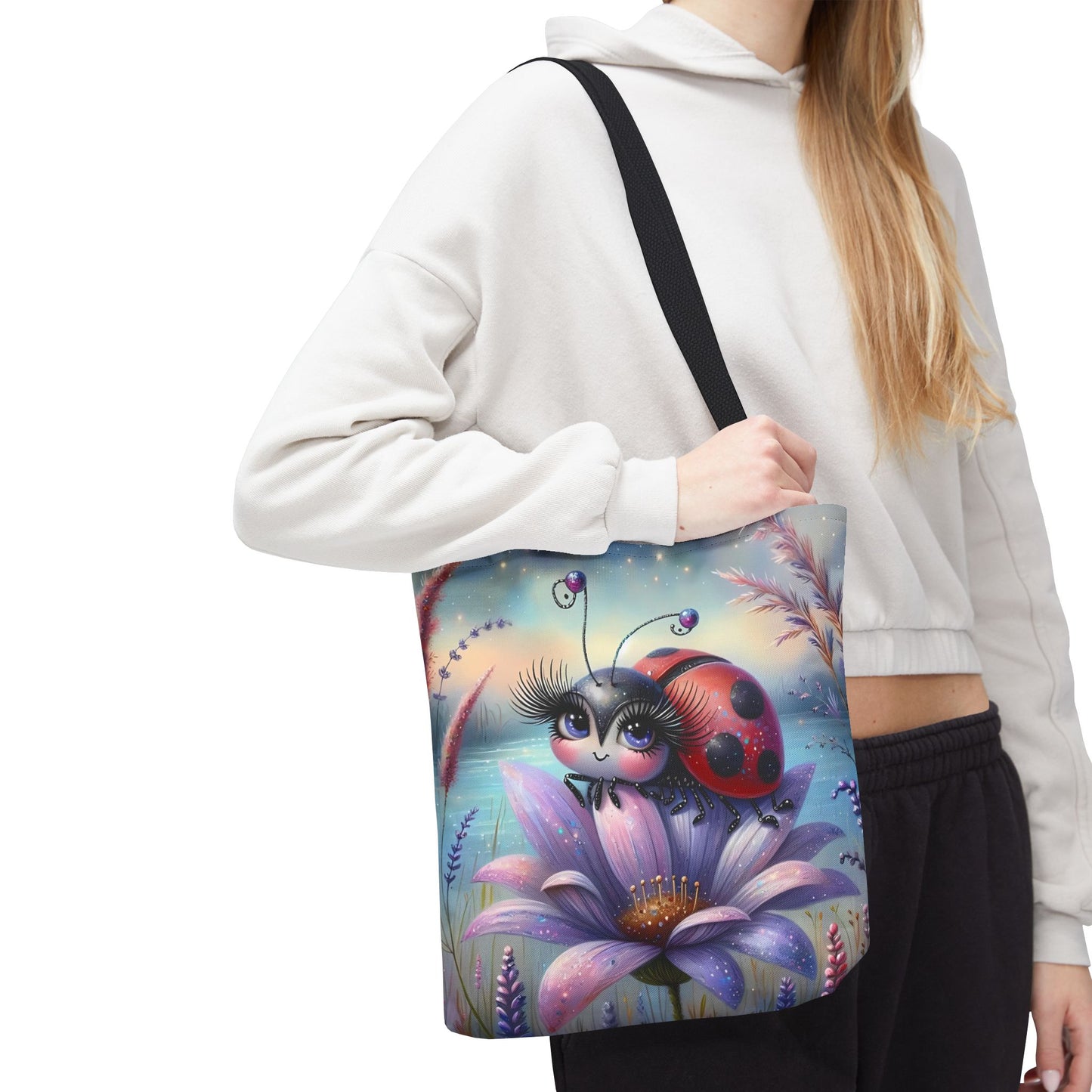 🐞 Mariquita sobre una flor junto al lago – Bolsa de tela inspirada en la naturaleza