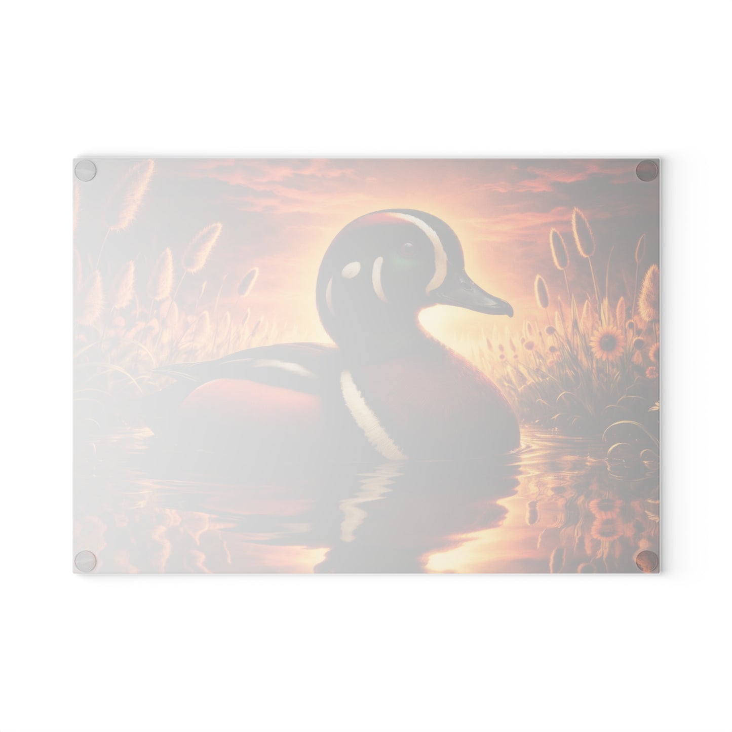 Hooded Merganser Duck at Golden Sunset Glass Cutting Board – Vibrant Wildlife Reflection Artwork