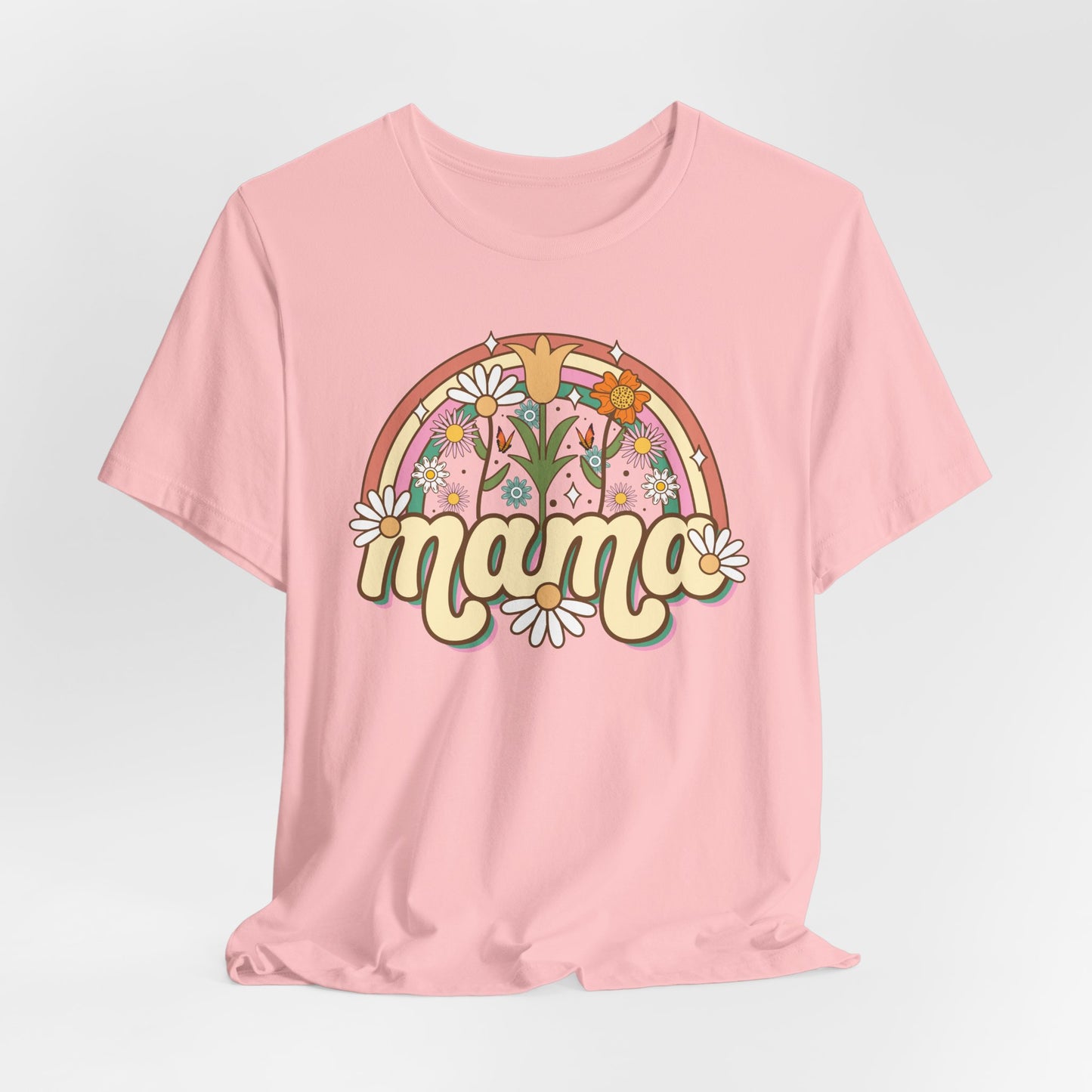 🌼🌈 Retro Floral Mama T-Shirt – Boho Rainbow Graphic Tee for Moms 🌻✨