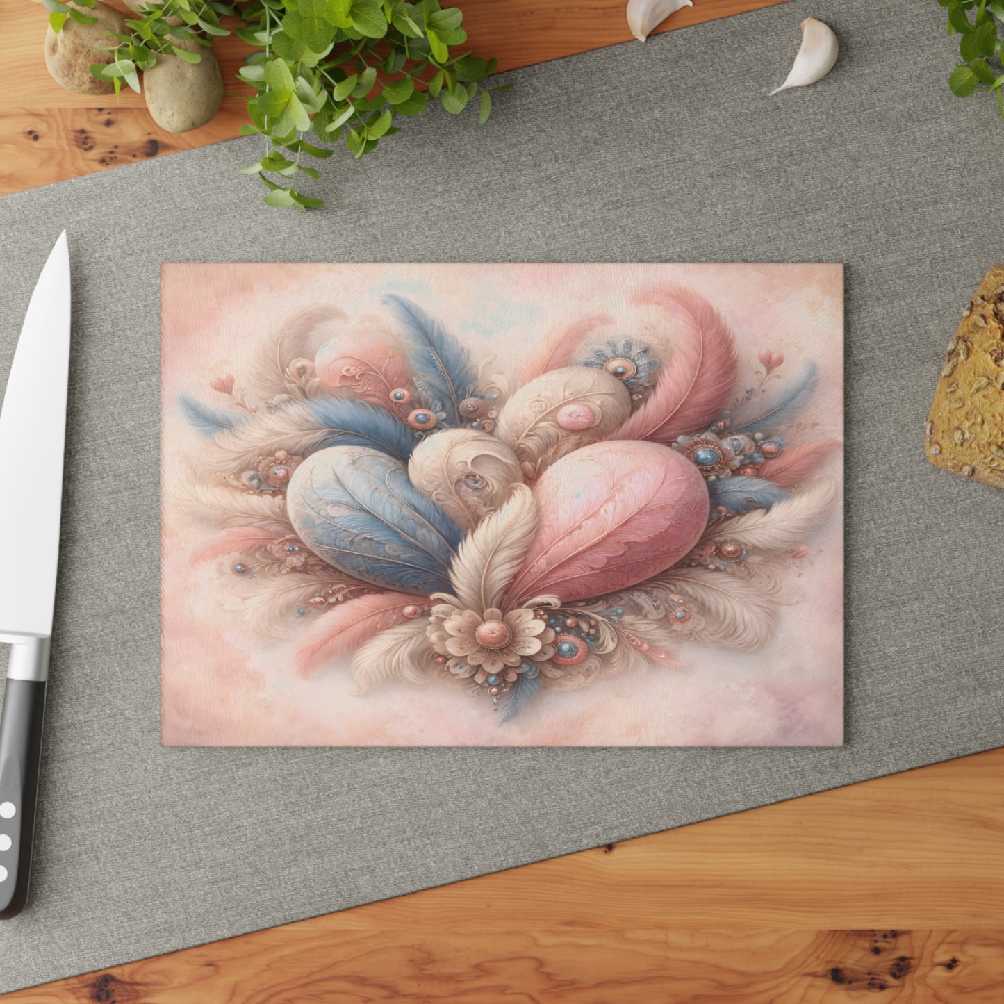 Pastel Feather Heart Glass Cutting Board – Elegant Romantic Art Kitchen Decor