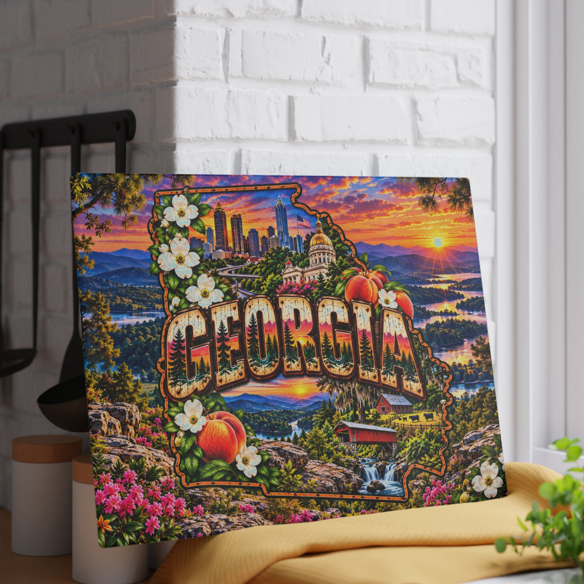 Georgia Glass Cutting Board – Georgia State Map, Atlanta Skyline, Peach Blossoms, Covered Bridge & Mountain Sunset Kitchen Décor