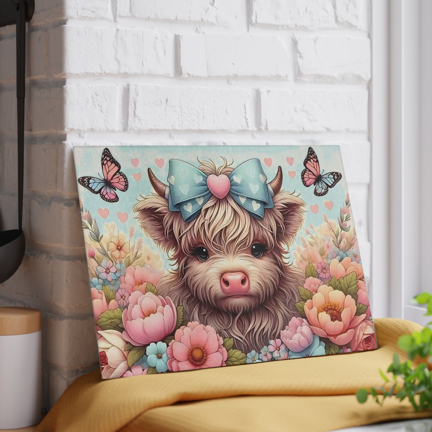 Highland Cow Glass Cutting Board with Bow, Flowers & Butterflies