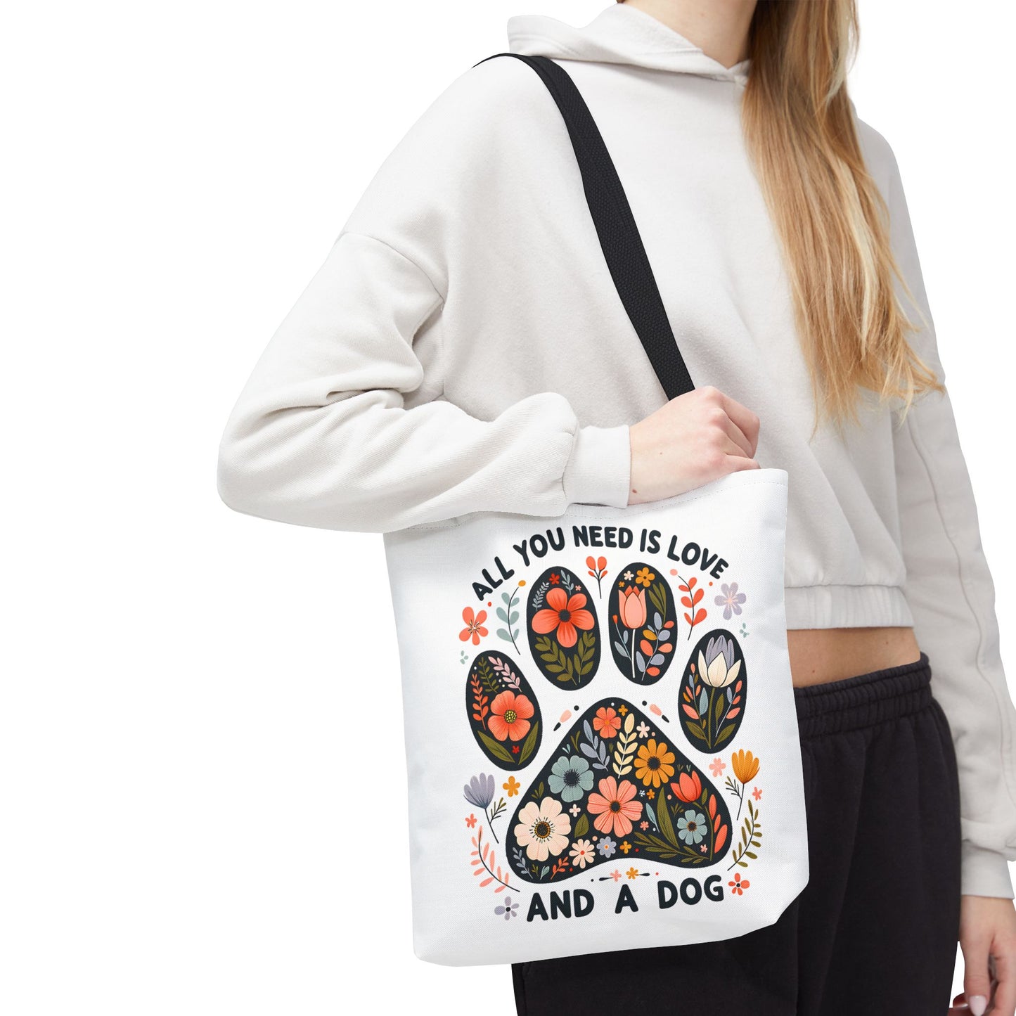 🐾 All You Need is Love and a Dog Tote Bag – Floral Paw Print Perfection 🌸
