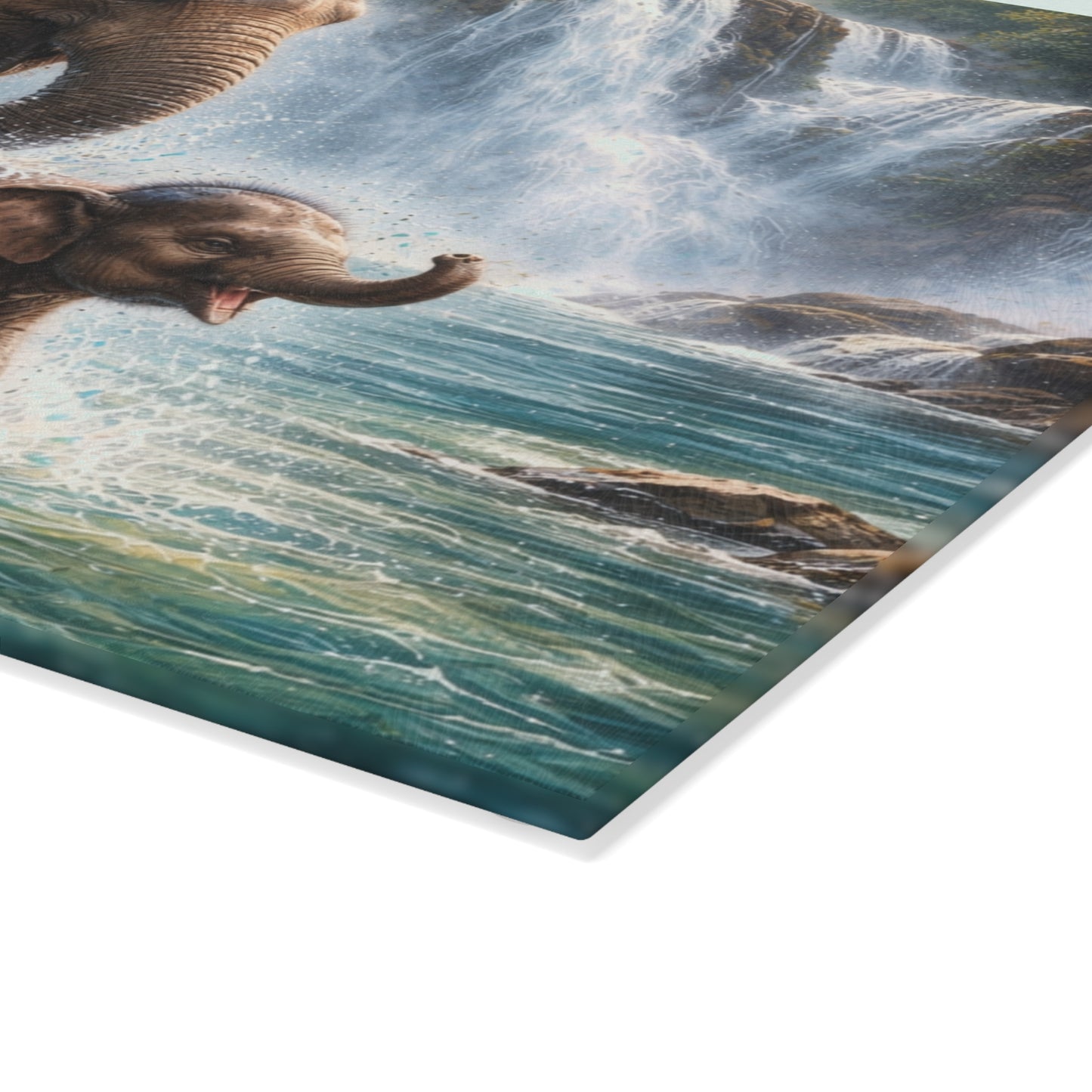 Elephant Waterfall Adventure Glass Cutting Board – Playful Wildlife Nature Kitchen Art