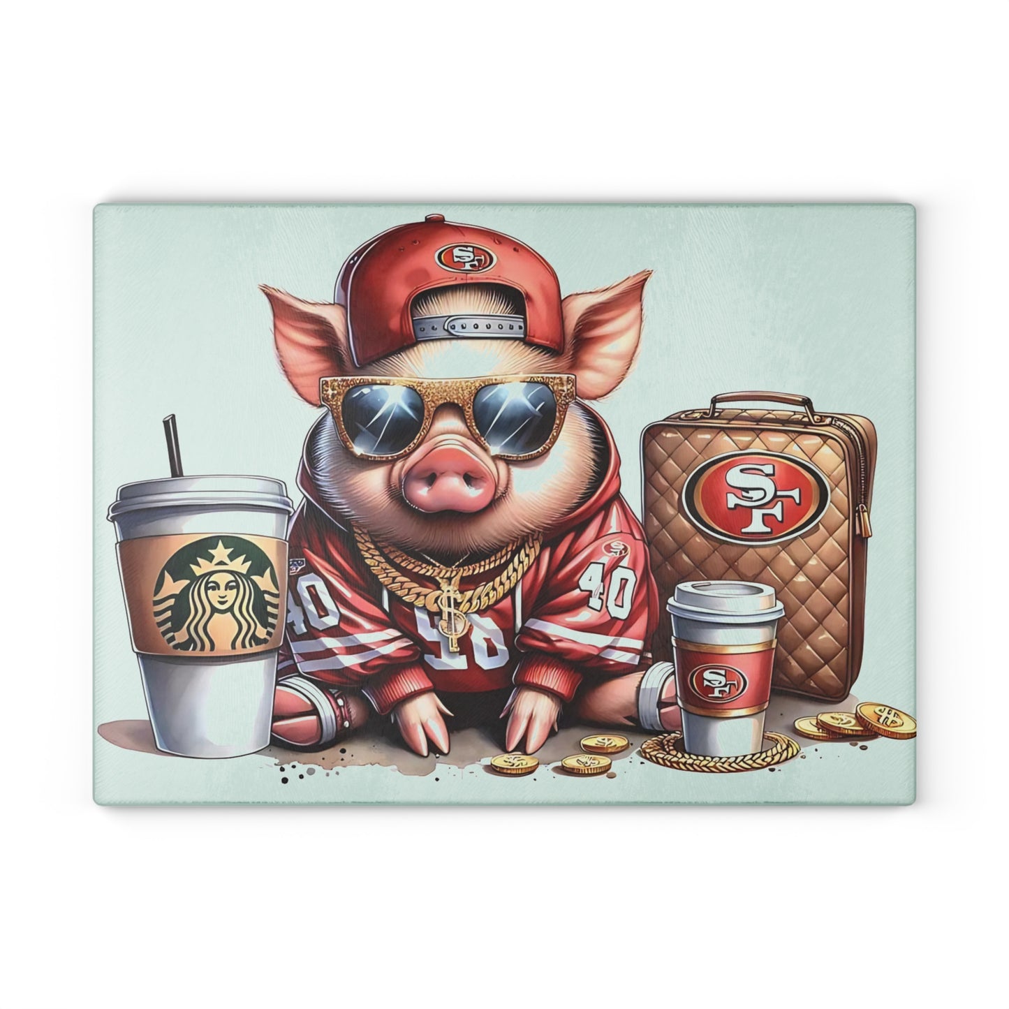 Tabla de cortar de vidrio Red Jersey Glam Pig: arte animal de lujo para una decoración de cocina audaz