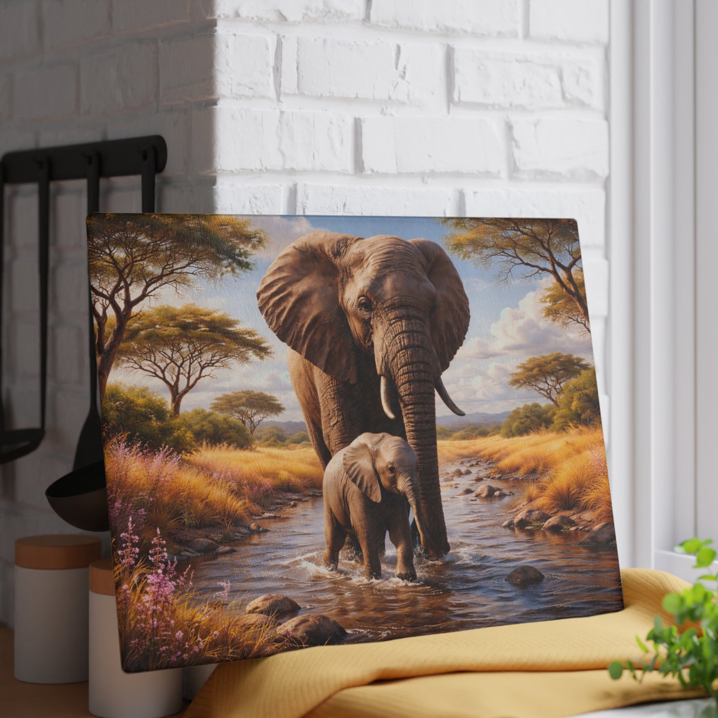Mother & Baby Elephant Glass Cutting Board – African Safari Wildlife Kitchen Art