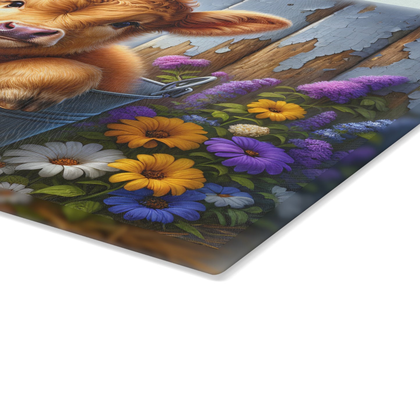 🐮🌸 Baby Highland Cow in Pail Glass Cutting Board – Country Charm with Flowers & Rustic Fence 🌼🪵