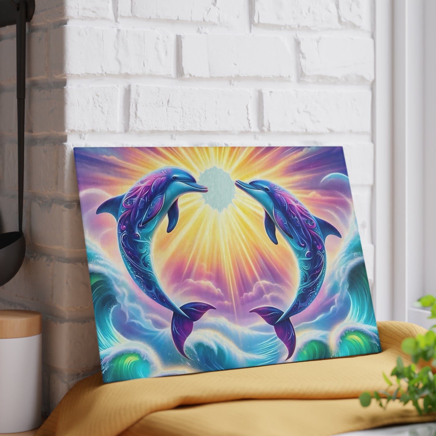 Personalized Dolphin Glass Cutting Board – Vibrant Ocean Decor, Custom Beach House Gift, Marine Life Charcuterie Board