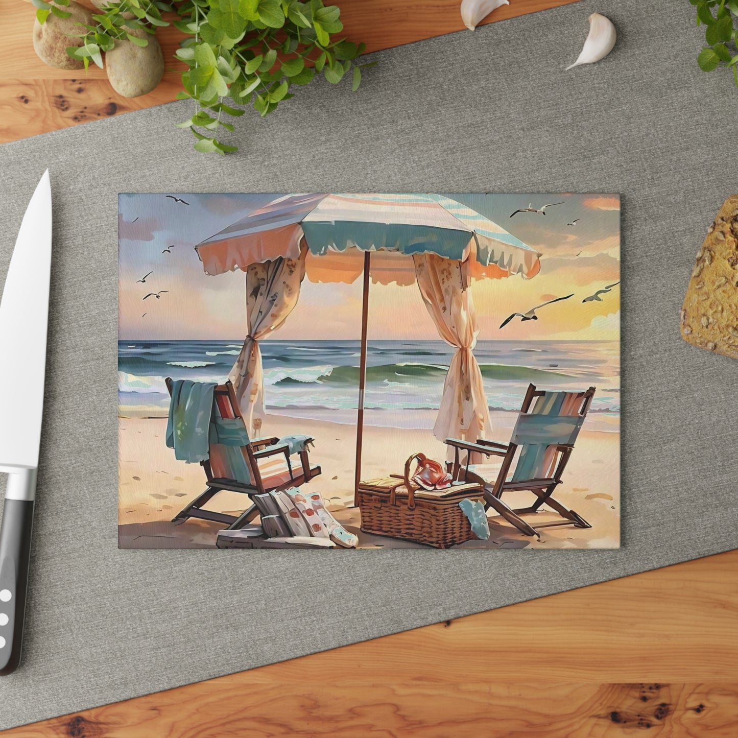 Beach Cutting Board, Coastal Decor, Ocean Art, Beach Gift, Glass Cutting Board, Tropical Kitchen Decor, Hand-Painted Look, Beach Scene