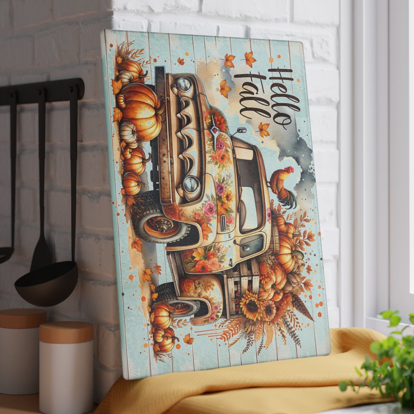 🍂🚜 Hello Fall Truck Cutting Board – Rustic Farmhouse Charm with Pumpkins & Sunflowers 🌻🐓