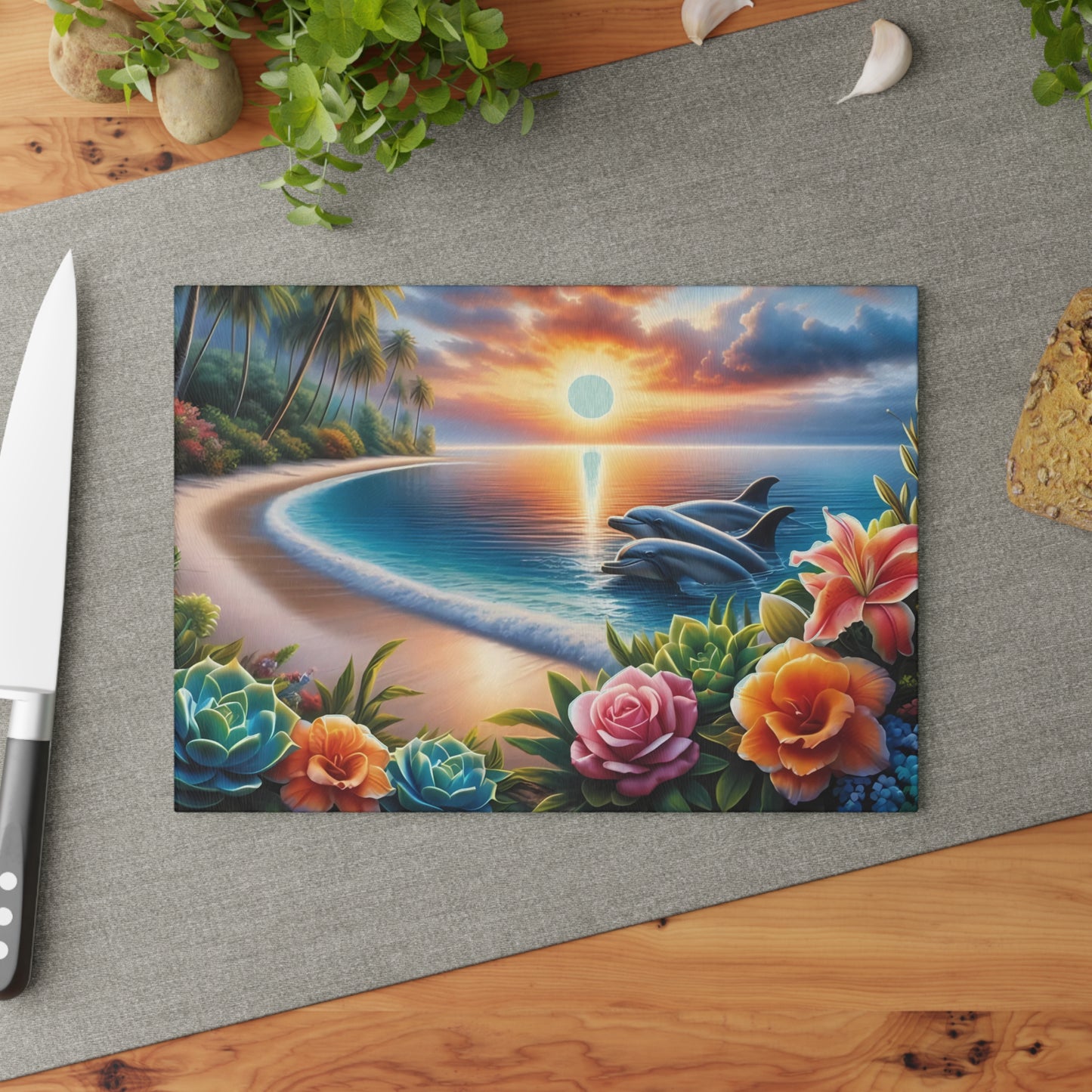 Tabla de cortar con diseño de delfín, vidrio templado con vibrantes escenas de delfines, regalo para chef, regalo para ella, regalo de boda o inauguración de la casa.