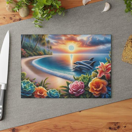 Tabla de cortar con diseño de delfín, vidrio templado con vibrantes escenas de delfines, regalo para chef, regalo para ella, regalo de boda o inauguración de la casa.