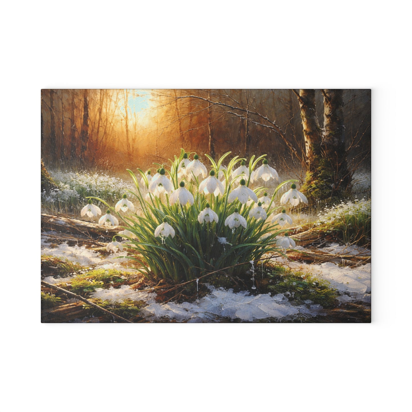 Snowdrops in Winter Forest Glass Cutting Board – Early Spring Botanical Nature Art