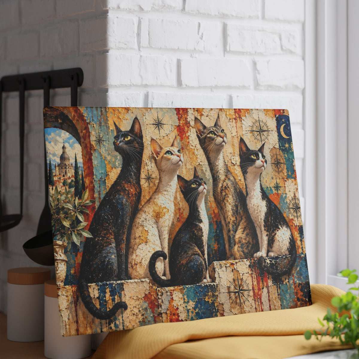 Five Curious Cats Tempered Glass Cutting Board – Colorful Mediterranean Cat Artwork – 11 × 15 Inches