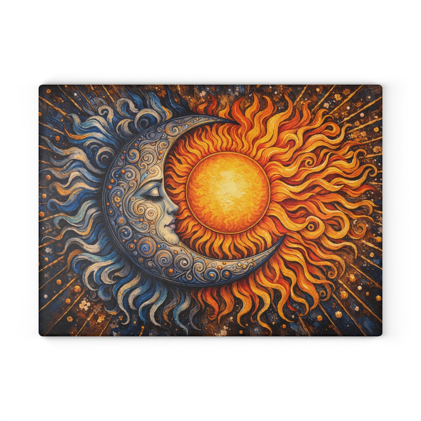 Celestial Sun and Moon Glass Cutting Board – Cosmic Balance Artwork
