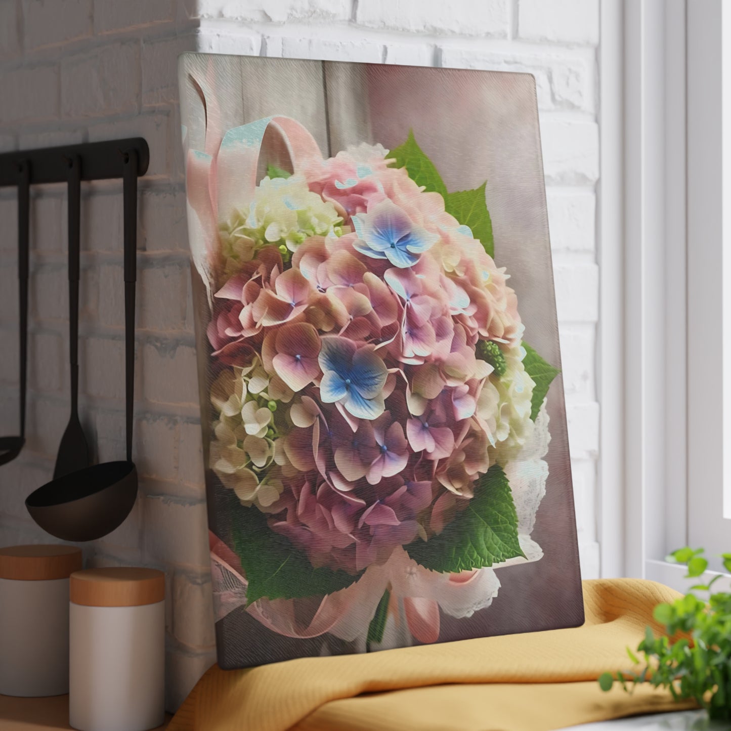 Tabla de cortar de vidrio templado con flores de hortensia: elegante decoración floral para la cocina, regalo único, tabla de cortar de vidrio, tabla para charcutería, tabla de cortar personalizada, flores