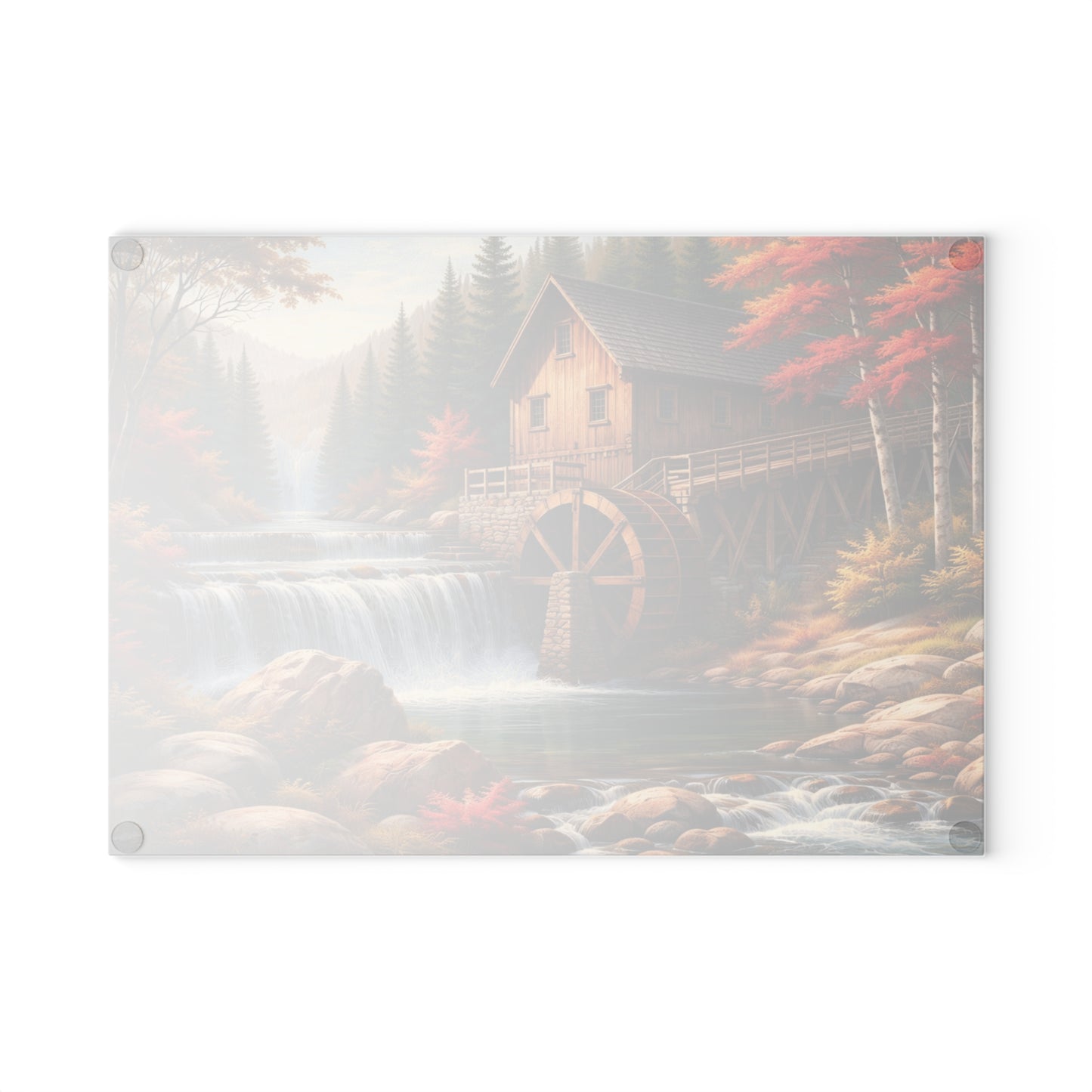 Autumn Watermill Landscape Glass Cutting Board – Rustic Mill and Waterfall Kitchen Art