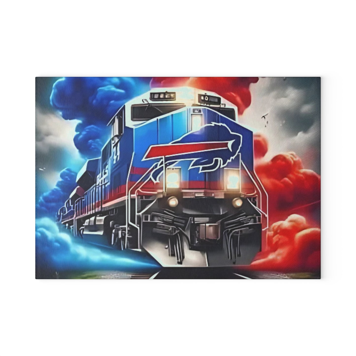 Red & Navy Express Glass Cutting Board – Rugged Train Art for Bold, Classic Kitchens