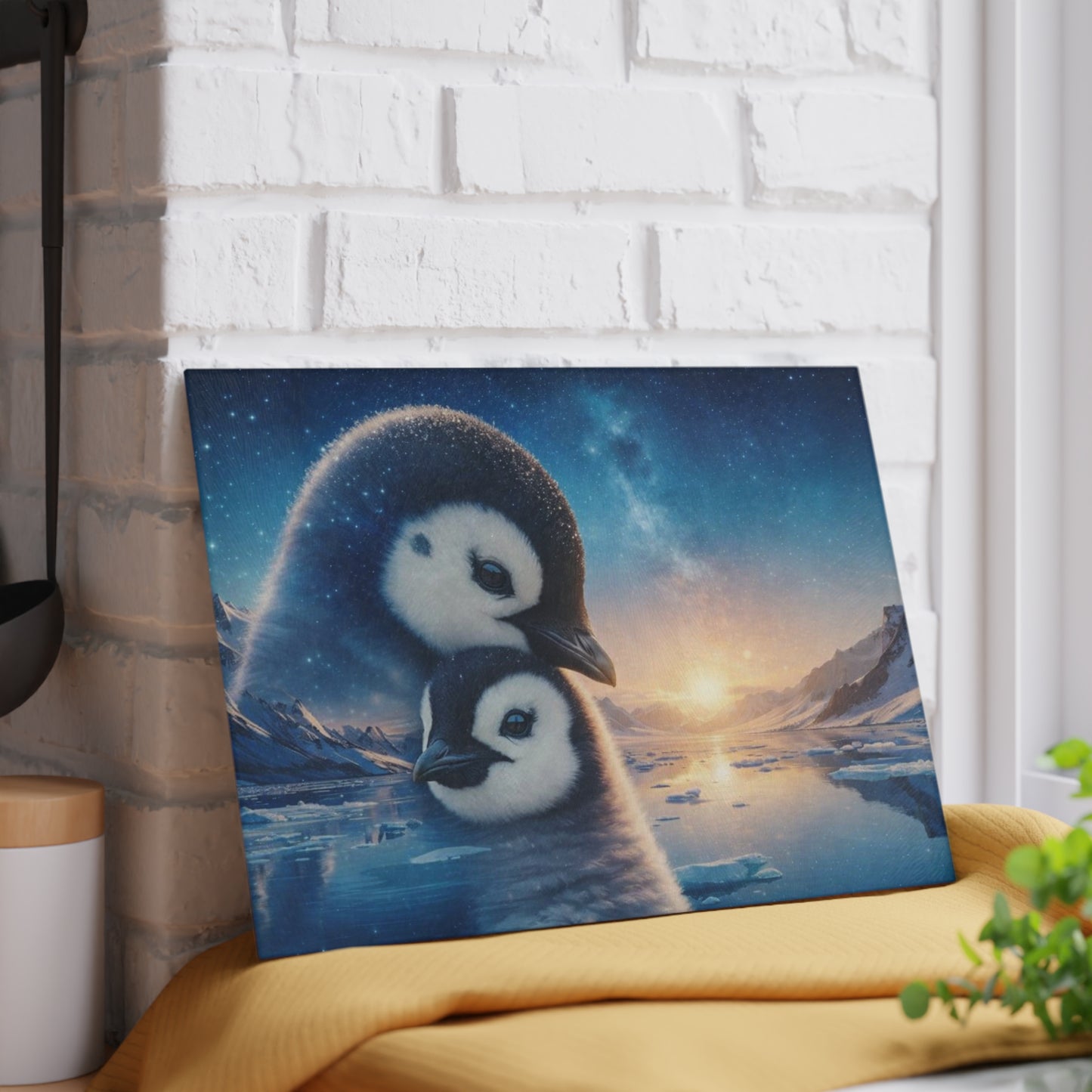 Arctic Penguin Family Northern Sky Glass Cutting Board – Peaceful Polar Wildlife Kitchen Art